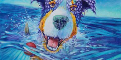 Colorful painting of a dog swimming in water.