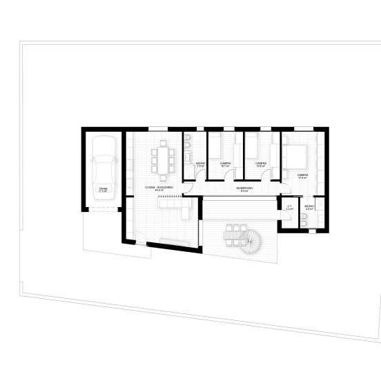 Pianta di una casa con garage e tre camere.