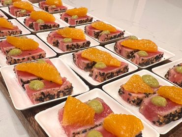 Lightly Seared Sesame Crusted Tuna with Avocado Crema and Cara Cara Orange Segment