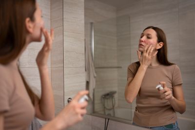Woman applying skincare standing in front of the mirror with a concerned look on her face