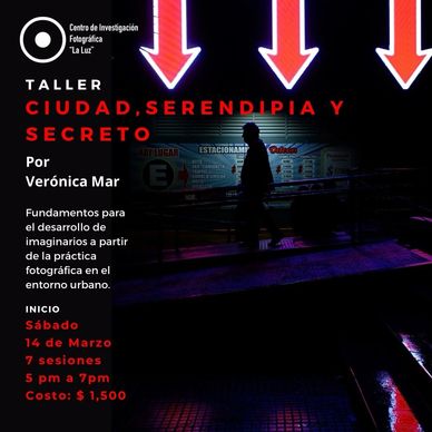 Workshop poster featuring urban night photography with neon arrows and a silhouetted figure.