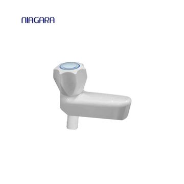 White Niagara brand plastic tap with blue knob handle.