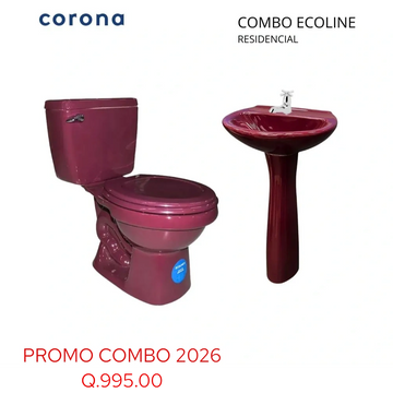 Combo bathroom set with maroon toilet and pedestal sink.