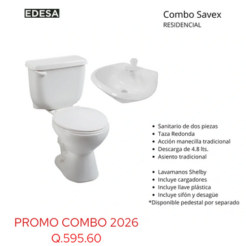 Combo Savex residential toilet and sink set with traditional features and included accessories.