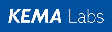 Logo of KEMA Labs with white text on blue background.