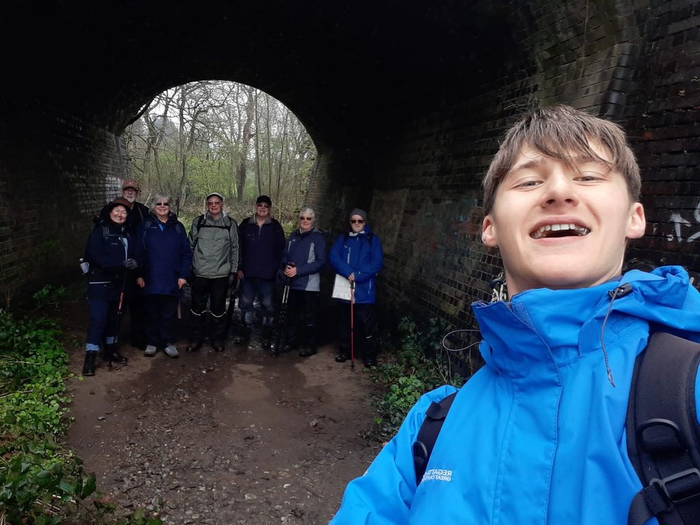 Sheltering from the rain on the first Tuesday club walk since lockdown