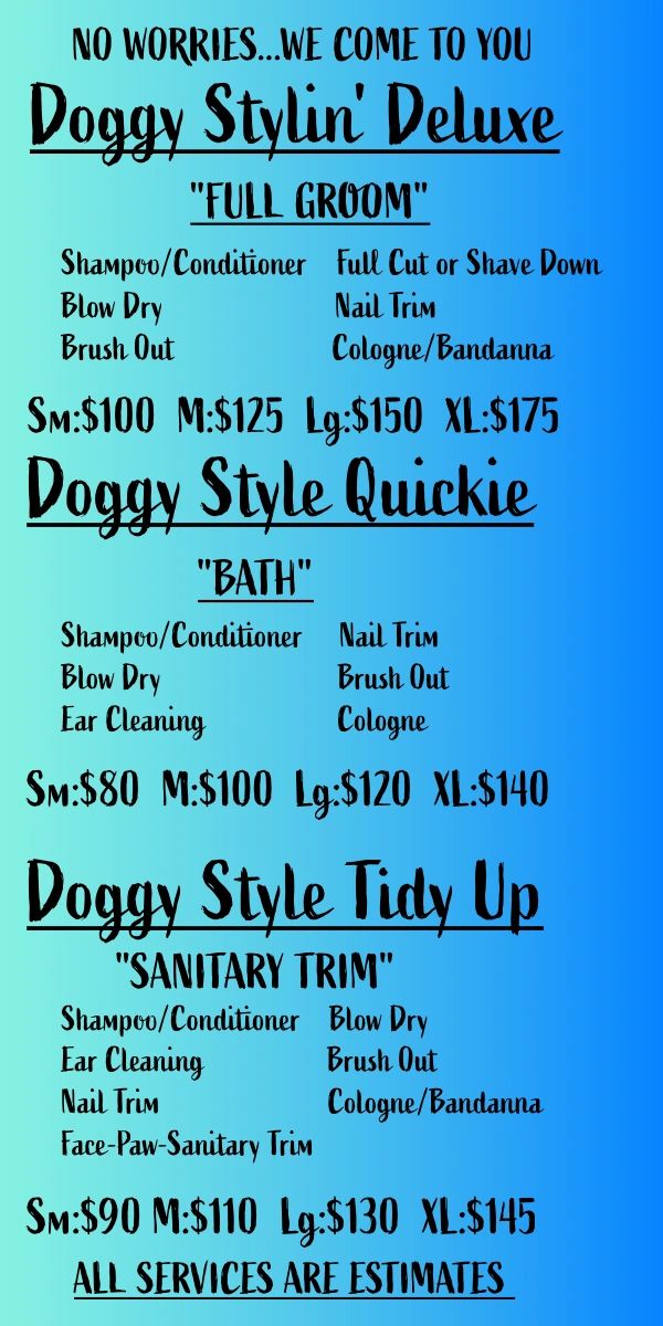 Dog grooming services menu with prices for full groom, bath, and sanitary trim.