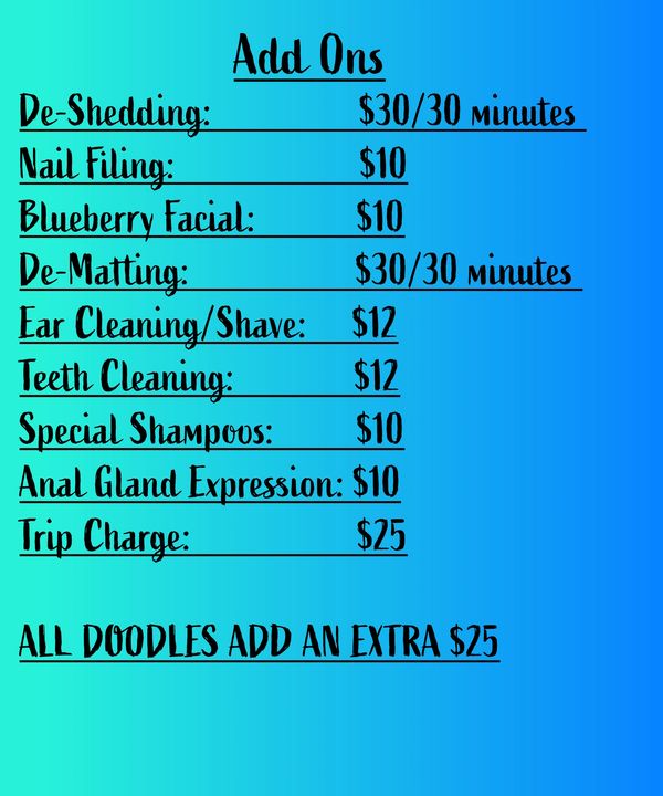Pet grooming add-ons and pricing list on a blue background.