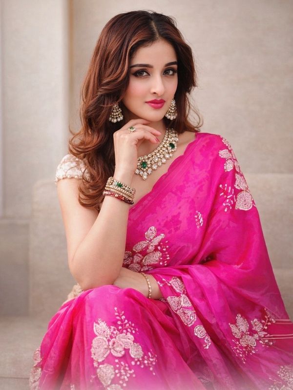 Elegant woman in a vibrant pink saree with intricate embroidery and traditional jewelry.
