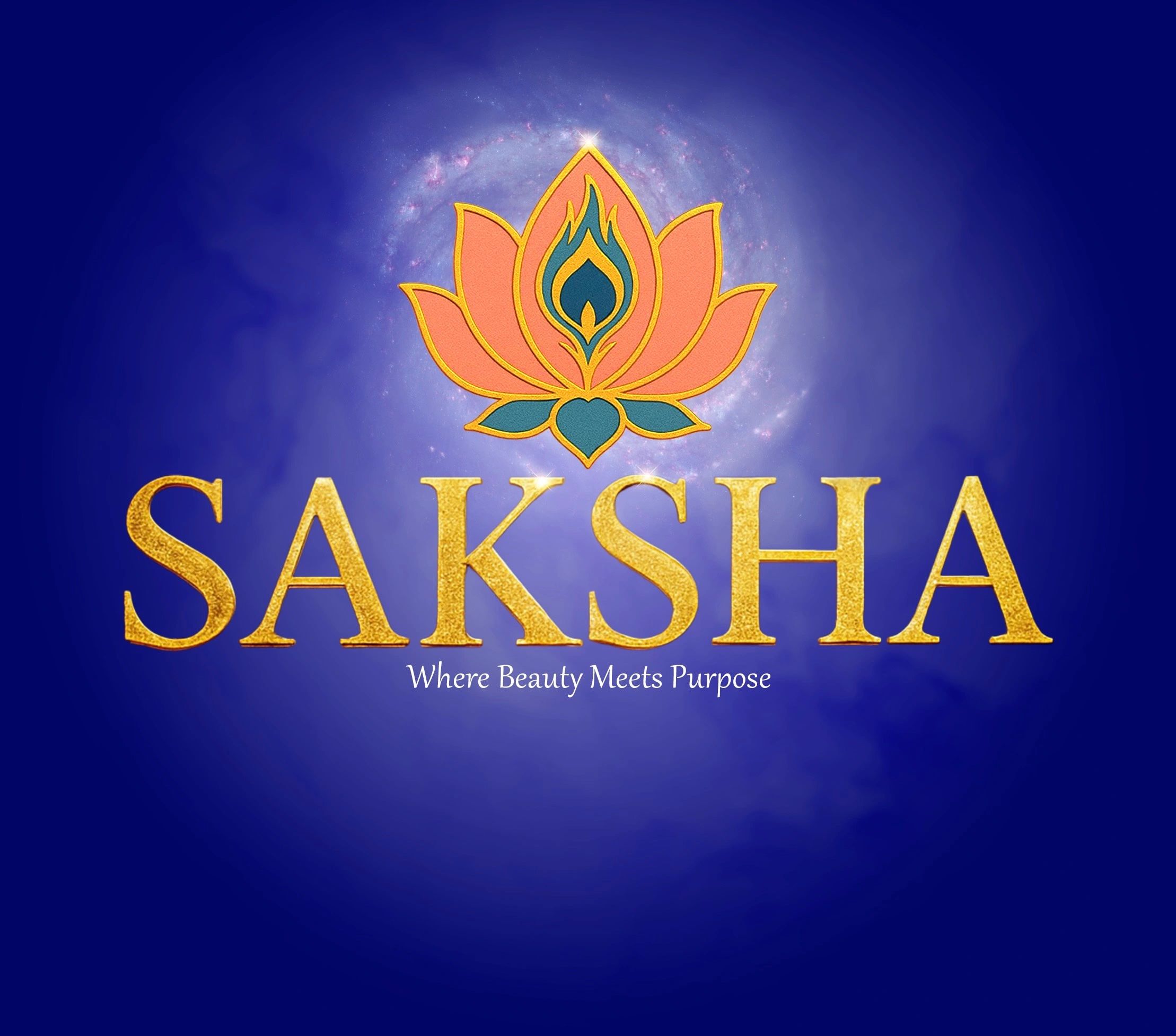 Elegant gold SAKSHA logo with lotus and flame on a blue cosmic background.