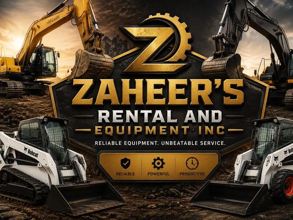 Logo for Zaheer's Rental and Equipment Inc with construction machinery.