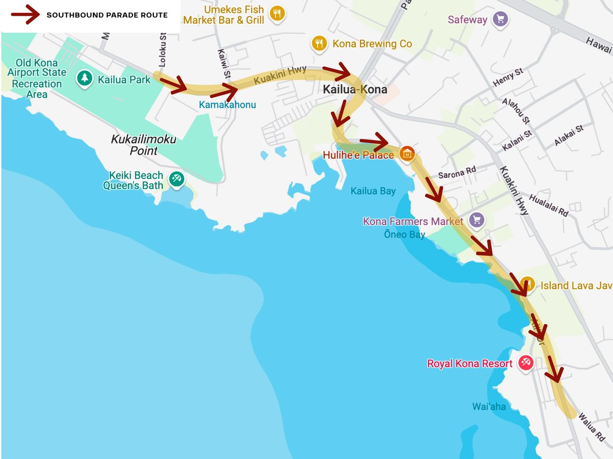 Map showing southbound parade route along Kailua-Kona coast in Hawaii.