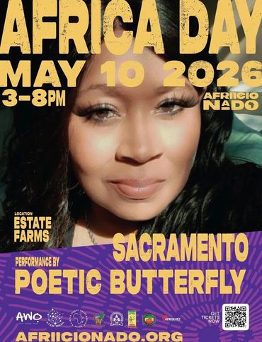 Poster for Africa Day event in Sacramento with performance by Poetic Butterfly.
