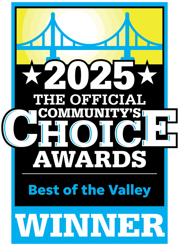 2025 Community's Choice Awards winner logo with bridge and sun.