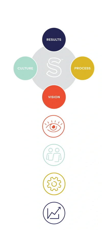 Diagram showing culture, vision, process, and results around a central S.