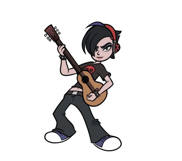 Animated rocker with headphones playing guitar.