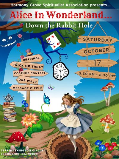 Alice in Wonderland themed event poster with event details.