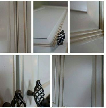 Close-up shots of beige cabinet doors with decorative molding and dark metal handles.