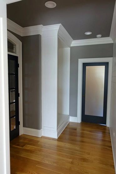 Modern hallway with wooden floor and dark doors with glass panels.