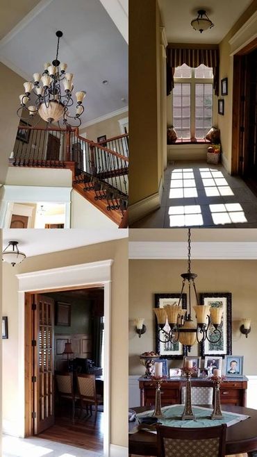 Elegant home interior with chandeliers, wooden staircase, and cozy window seat.