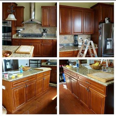 Four views of a kitchen featuring wooden cabinets and granite countertops.