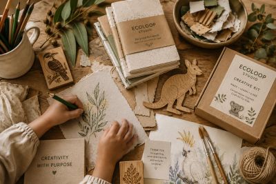 Person creating botanical art with eco-friendly supplies and stamps.