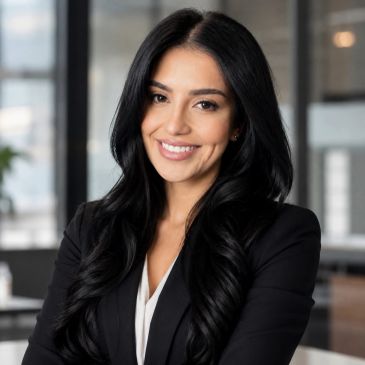 Confident woman in business attire smiling in a modern office.