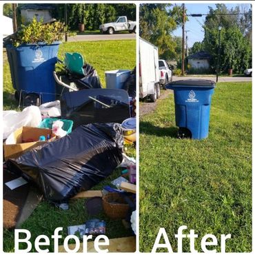Before and after outdoor trash pickup, leaving the lawn clear around a blue bin.