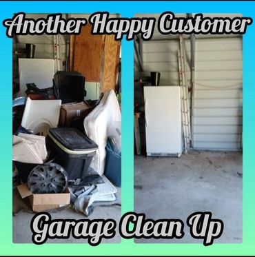 Before and after a garage cleanout by Junk Monkees, showing removed furniture and clutter.
