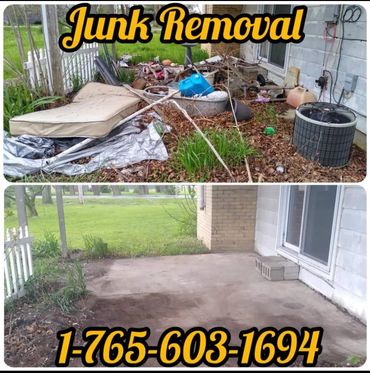 Before and after Junk Monkees removed mattresses and outdoor junk beside a home.