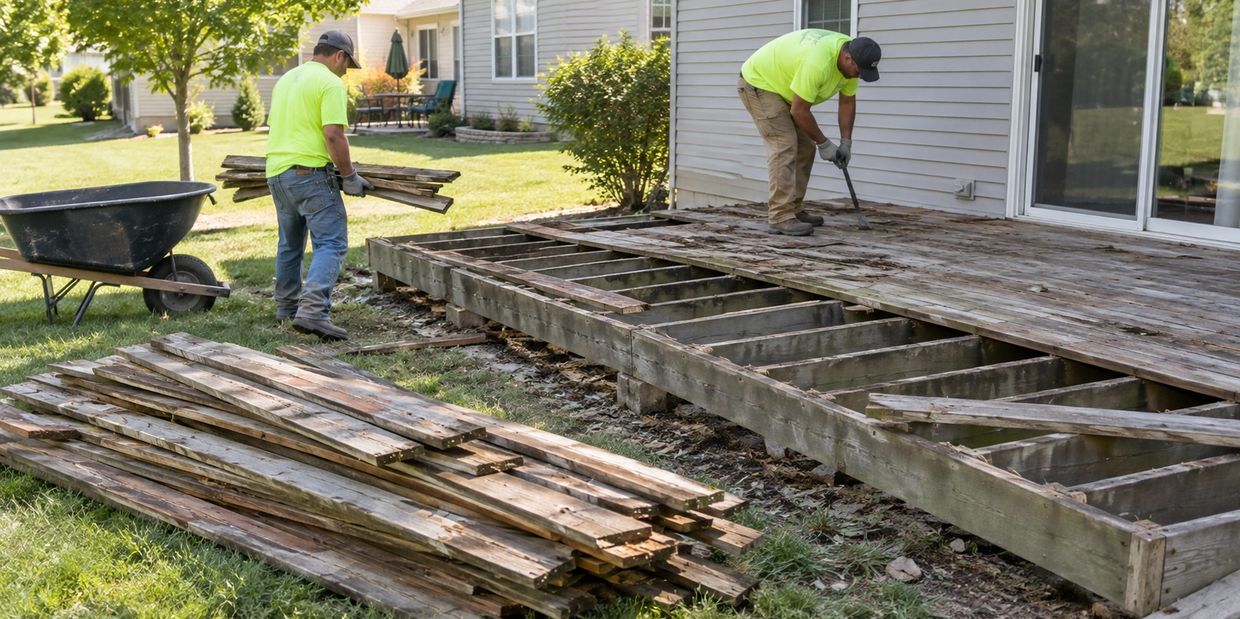 Two workers dismantling an old wooden deck.