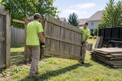 Illustration of a professional crew dismantling and removing a wood fence