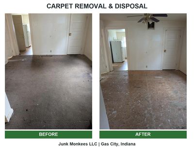 Before and after carpet removal by Junk Monkees at a tenant move-out property in Gas City, Indiana.