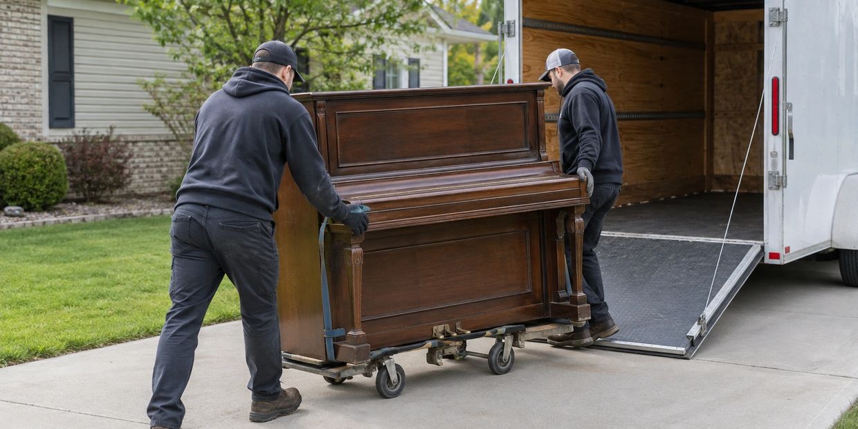 Representative image of professional piano removal using a dolly and enclosed trailer.