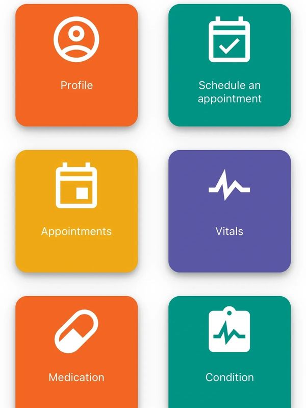 Mobile health app dashboard with options for profile, appointments, medication, and more.