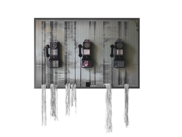 Teléfonos antiguos
• Comunicación clásica
• Textura y nostalgia
• Composición simétrica
• Decoración contemporánea
• Espacios creativos
• Estilo vintage
• Memoria visual
• Oficinas modernas
• Estética industrial
• Detalles en blanco y negro
• Instalación artística
• Elementos decorativos únicos