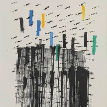 Arte abstracto
• Movimiento y dinamismo
• Líneas negras
• Detalles en azul, verde y amarillo
• Fondo blanco
• Arte contemporáneo
• Pieza de conversación
• Oficinas modernas
• Galerías de arte
• Hogares sofisticados
• Estilo vanguardista
• Trazos caóticos
• Contraste visual
• Decoración artístic