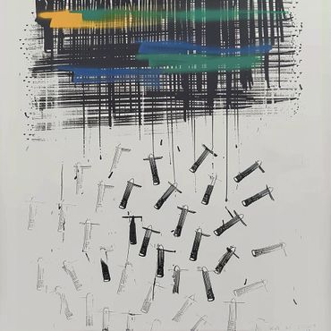 Arte abstracto
• Movimiento y dinamismo
• Líneas negras
• Detalles en azul, verde y amarillo
• Fondo blanco
• Arte contemporáneo
• Pieza de conversación
• Oficinas modernas
• Galerías de arte
• Hogares sofisticados
• Estilo vanguardista
• Trazos caóticos
• Contraste visual
• Decoración artístic