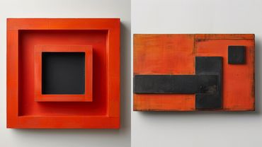 arte abstracto, colores rojo y negro, formas geométricas, impacto visual, decoración moderna, estética industrial, diseño contemporáneo, arte estructurado, espacios minimalistas.