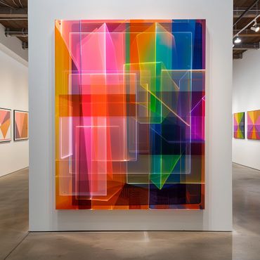 arte abstracto, colores vivos, formas geométricas, tonos intensos, dinámico visual, galería de arte, decoración moderna, diseño contemporáneo, arte vanguardista.