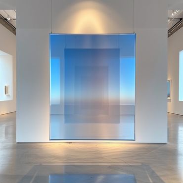 instalación de arte, arte contemporáneo, paneles transparentes, tonos azules, efecto visual,