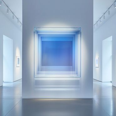 instalación de arte, arte contemporáneo, paneles transparentes, tonos azules, efecto visual,