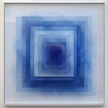 instalación de arte, arte contemporáneo, paneles transparentes, tonos azules, efecto visual,