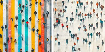Colores Urbanos” es una obra vibrante que combina elementos de la vida urbana con un retrato moderno. El lado izquierdo muestra personas caminando frente a un muro de colores cálidos y fríos, mientras el lado derecho presenta un rostro estilizado con líneas y tonos brillantes.