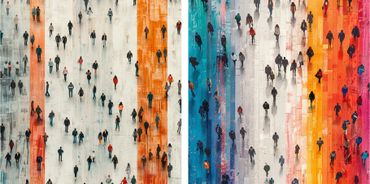 Colores Urbanos” es una obra vibrante que combina elementos de la vida urbana con un retrato moderno. El lado izquierdo muestra personas caminando frente a un muro de colores cálidos y fríos, mientras el lado derecho presenta un rostro estilizado con líneas y tonos brillantes.