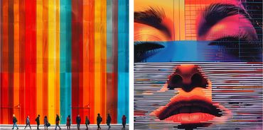 Colores Urbanos” es una obra vibrante que combina elementos de la vida urbana con un retrato moderno. El lado izquierdo muestra personas caminando frente a un muro de colores cálidos y fríos, mientras el lado derecho presenta un rostro estilizado con líneas y tonos brillantes.