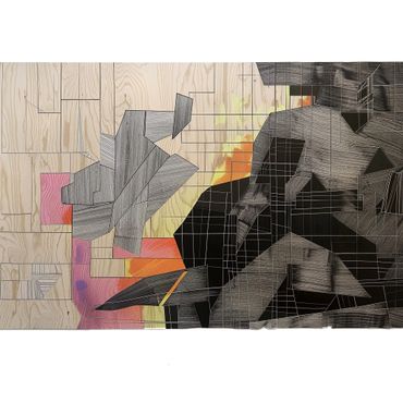 Contrastes Geométricos” es una obra que juega con formas y colores en dos secciones contrastantes. La parte izquierda presenta un collage de texturas de madera en tonos tierra y neutros, mientras la parte derecha muestra un diseño abstracto de líneas y colores fluorescentes sobre un fondo oscuro.