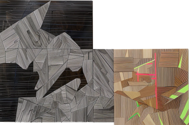 Contrastes Geométricos” es una obra que juega con formas y colores en dos secciones contrastantes. La parte izquierda presenta un collage de texturas de madera en tonos tierra y neutros, mientras la parte derecha muestra un diseño abstracto de líneas y colores fluorescentes sobre un fondo oscuro.