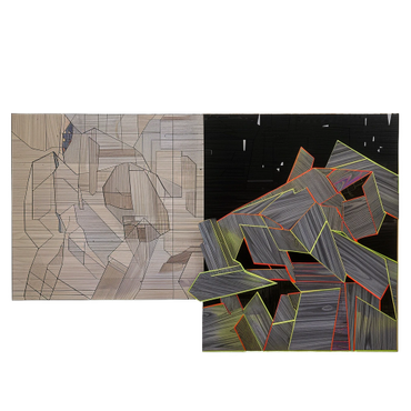 Contrastes Geométricos” es una obra que juega con formas y colores en dos secciones contrastantes. La parte izquierda presenta un collage de texturas de madera en tonos tierra y neutros, mientras la parte derecha muestra un diseño abstracto de líneas y colores fluorescentes sobre un fondo oscuro.