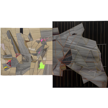 Contrastes Geométricos” es una obra que juega con formas y colores en dos secciones contrastantes. La parte izquierda presenta un collage de texturas de madera en tonos tierra y neutros, mientras la parte derecha muestra un diseño abstracto de líneas y colores fluorescentes sobre un fondo oscuro.